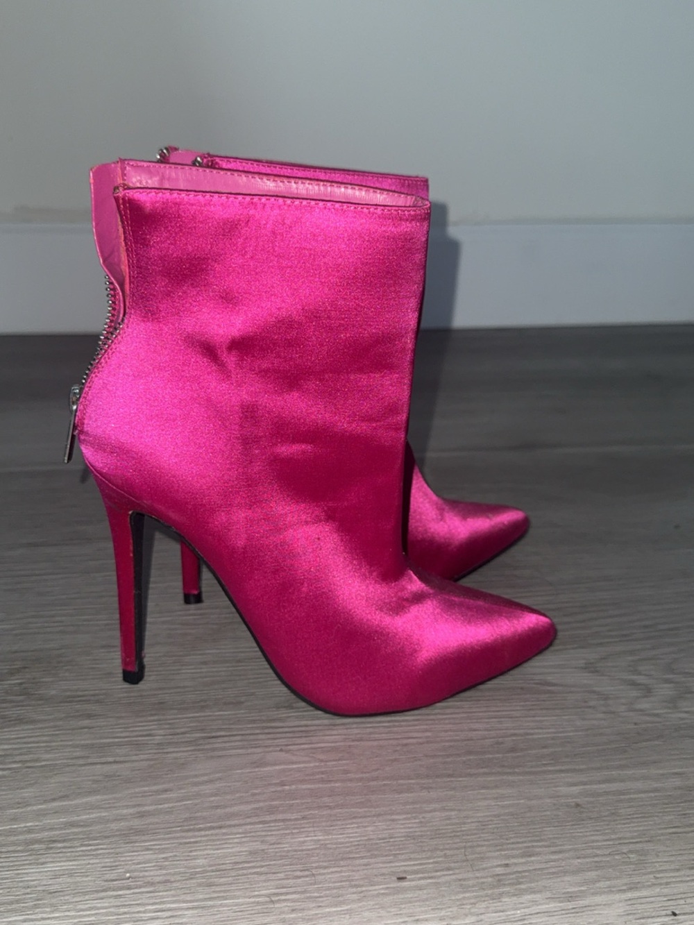 JustFab Hot Pink Satin Pointed Toe Stiletto Ankle Boots